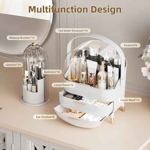 Makeup Organizers Countertop, Makeup organization for Vanity, Cosmetic Storage with Lid and Drawers, Skincare Display Cases with for Desktop, Bathroom (White)