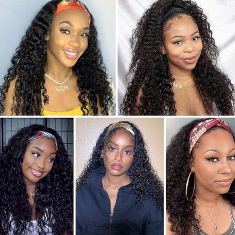 XSY Headband Wig Human Hair Deep Wave 18 Inch Curly Headband Human Hair Wigs for Black Women Glueless None Lace Front Wig 150% Density Natural Black Color