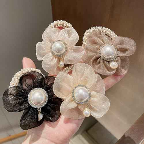 LOVEF Fashion Flowers Pearl Hair Elastic Band,Hair Rope Accessory Ponytail Holder for Lady Women Girls,Set of 4