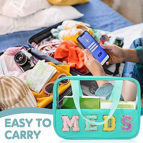 Geetery Chenille Letter Bag, Preppy PVC Nylon Makeup Portable Cases Preppy Patch with Zipper Cosmetic Clear Travel Toiletry Storage Bag for Women(Green,Novel Meds)