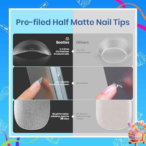 Beetles Gel Nail Extension Kit Almond Shape, Easy 9 in 1 Glue Uv Led Set Etch X Nail Tips Short Almond Half Matte Tips, Gift for Women & Girls, 504 pcs