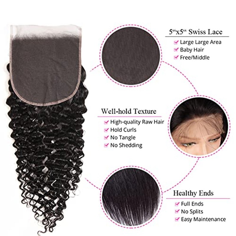 Brazilian Deep Wave 5x5 Lace Closure 100% Unprocessed Human Virgin Hair Deep Curly Free Part Closure Pre-Plucked Hairline Loose Deep Closure Natural Black Baby Hair (18inch, 5x5 deep wave closure)