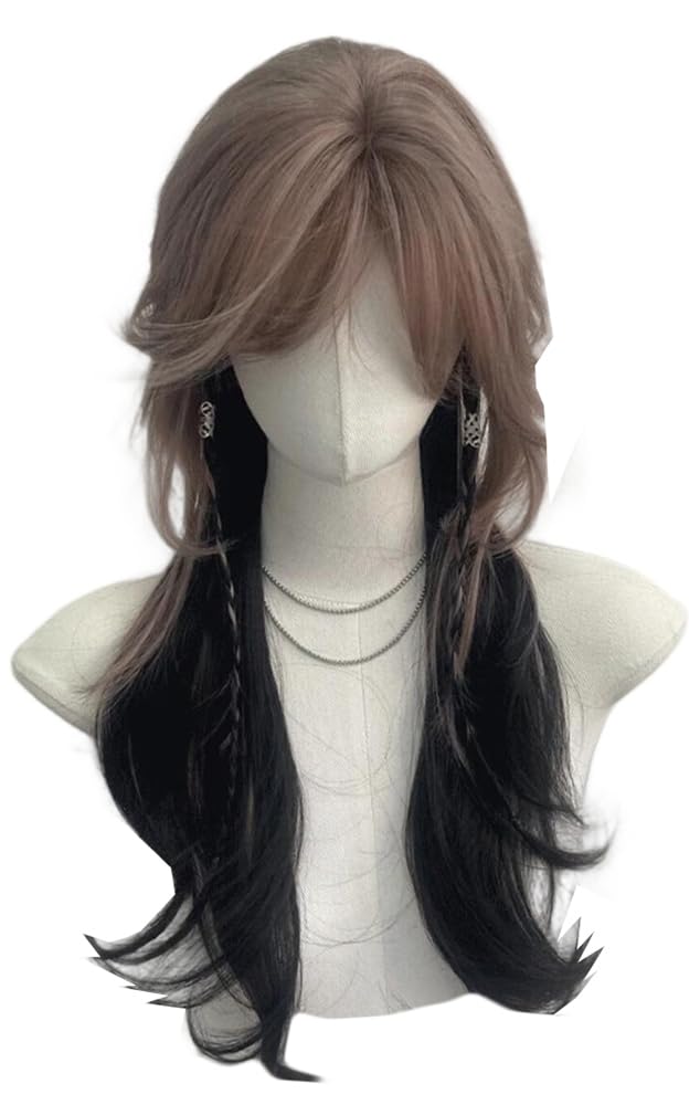 VVRPWASSLY Brown and Black Wig with Bangs Jellyfish Head Long Curly Hair High Temperature Silk Wig for Party