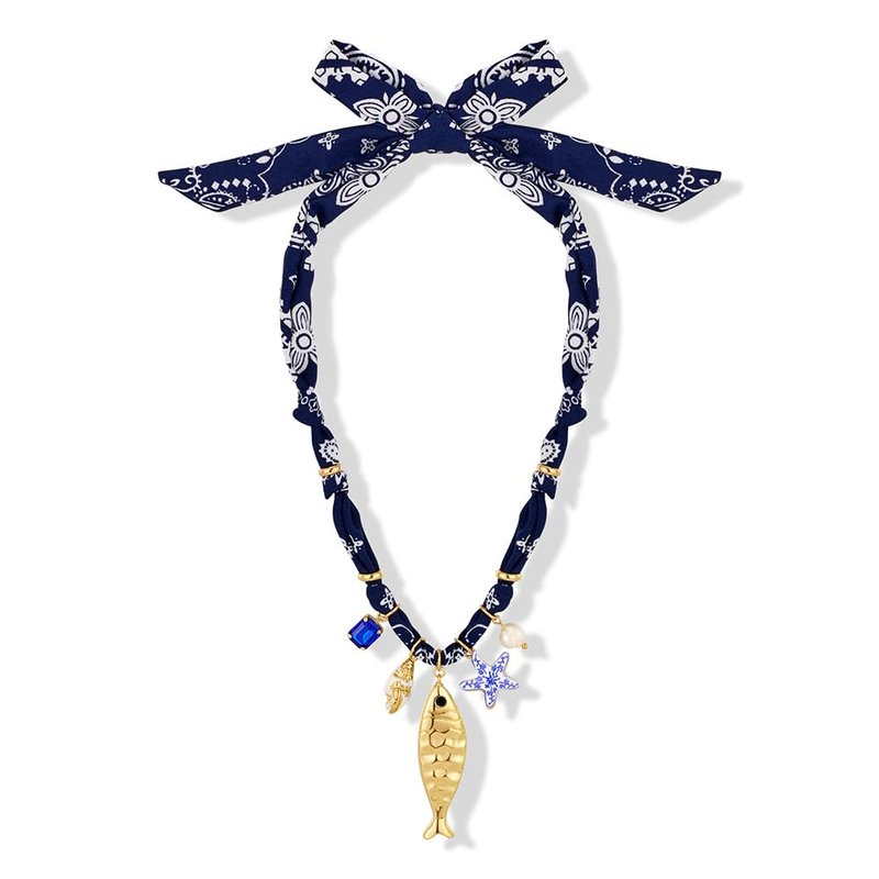 FAUTHENTICUTE Chunky Gold Fish Pendant Necklace For Women Long Silk Scarf Necklace With Starfish Conch Fish Pearl Charms Boho BandanaBeach Shell Statement Necklaces
