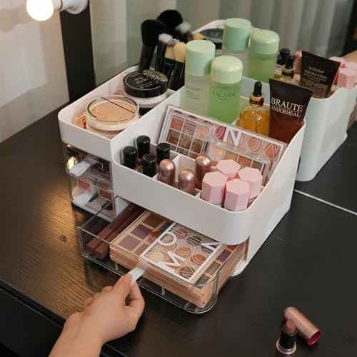 KLGO Makeup Organizer and Storage Cosmetic Display Case With 3 Clear Drawers Skincare Organizer for Bathroom Make Up Stand for Vanity Lipsticks, Jewelry, Nail Care, Eyeshadow, Skincare
