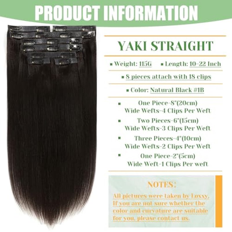 Loxxy Seamless Yaki Straight Clip ins Human Hair, Natural Black Yaki Clip ins for Black Women Invisible PU Weft 110g 7pcs 16 Inch