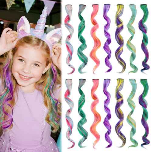 Colored Hair Extensions for Kids, Curly Hair Extensions Clip ins, Little Girl Hairpieces for Birthday Party, Festival, Goodie Bags, 14 PCS