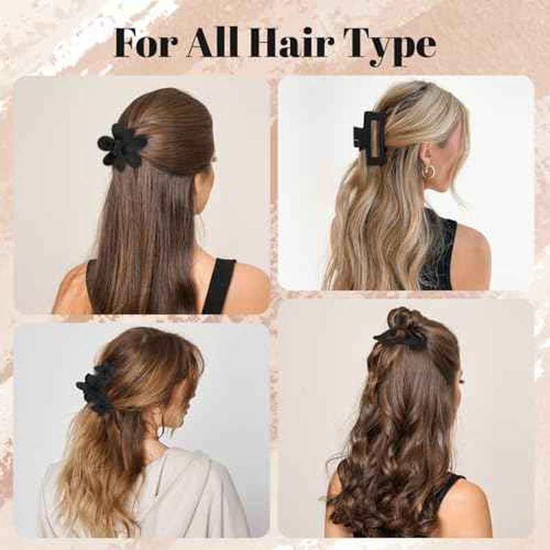 Hair Clips for Women: Non-Slip Strong Hold Jaw Claw Clips for Thin Thick Curly Hair, Classic Black Hair Claw Set Include Large, Square, Flower, Flat & Small Clips as Christmas Gift 12Pack(Set A)