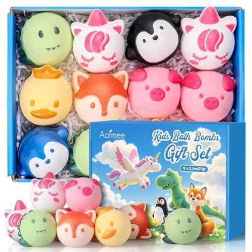 Aofmee Bath Bombs for Kids, 12 Pcs Bubble Bath Balls with 6 Animal Shapes and Fruity Aroma, Essential Oil Natural Organic Fizzy Spa Set for Boys Girls, Gift for Children Birthday Christmas
