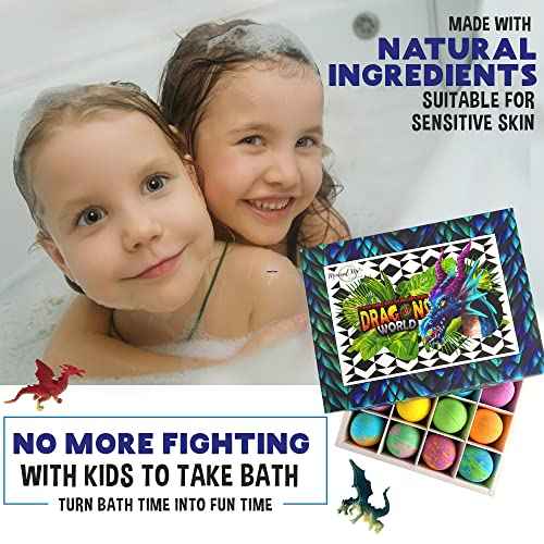 Bath Bombs for Kids with Surprise Inside - 12 Organic Bubble Bath Fizzies with Dragon Egg Toys. Gentle & Kids Friendly w/Rich Bubbles & Rainbow Colors, Stocking Stuffer Christmas Gifts for Boy, Girls