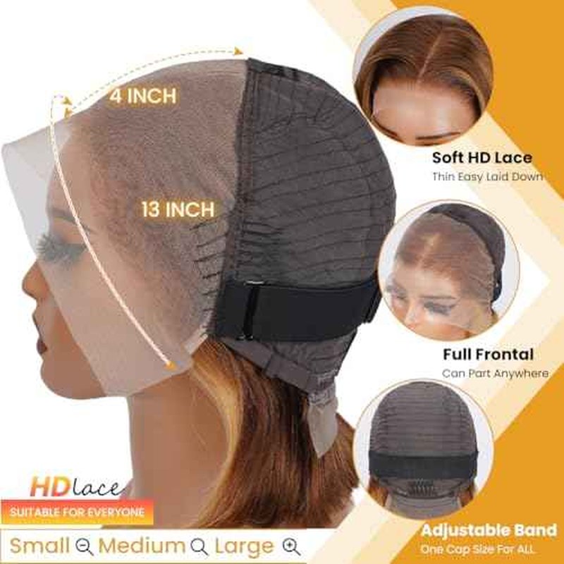 4/27 Highlight Body Wave Lace Front Wigs Human Hair Pre Plucked 13x4 HD Lace Frontal Wig with Baby Hair 180% Density Ombre Brown and Honey Blonde Human Hair Wigs for Black Women 24 Inch
