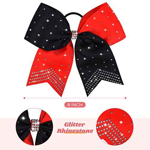 CEELGON Large Rhinestones Cheer Bows, 12 PCS Glitter 7" Cheer Bows Ponytail Holder for Cheerleaders Girls Hair Bows, Red/Black with Full Rhinestone