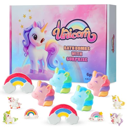 Rainbow Unicorn Bath Bombs Gift Set,6 Pcs Natural Handmade Bathbomb with Toys Surprise Inside for Girls Boys for Kids, Organic Bath Bomb for Christmas or Birthday Gift