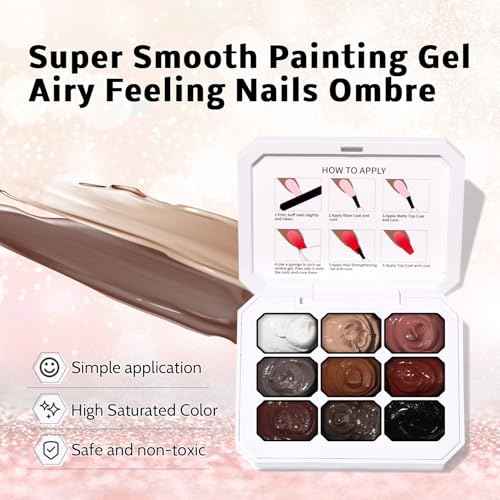 Sponge Pat Paint Nail Gel & Tools Kit, 9 Colors Ombre Nails Gradient Gel Nail Blush Blooming Aura Nails Drawing Stripper Floral Painting Nail Art, No Wipe, UV/LED Curing (9 Colors Set F)