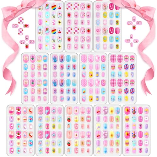 288 Pieces Kids Nails Press ons for Girls, Acejoz Fake Nail Set Pre Glue Stick on Short Nails for Children Little Girls 8-12 Year Nail Art Decoration