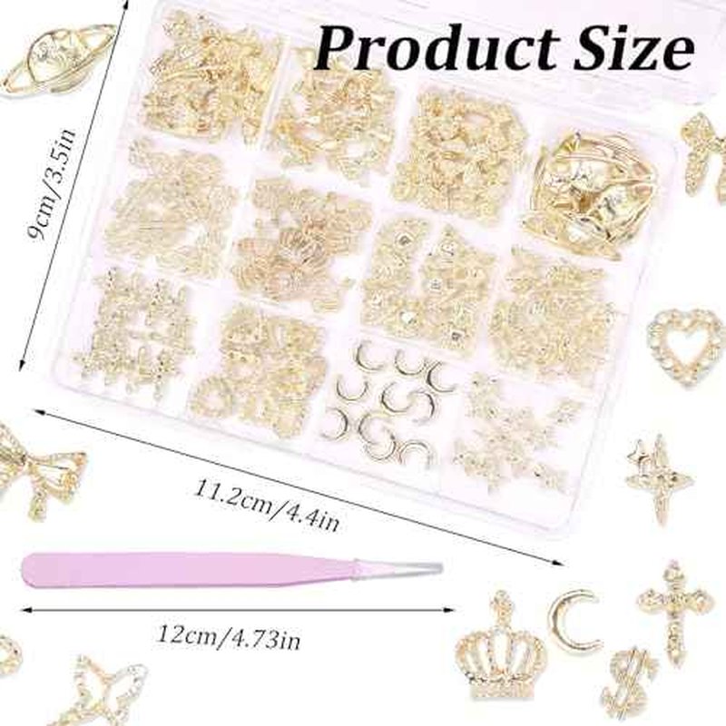 120 Pcs 12Styles 3D Gold Alloy Nail Charms Kit, Dollar Crown Butterfly Metal Nail Charms, Shiny Bows Planet Cross Heart Nail Charms Moon Star Charms for Nail DIY Decor