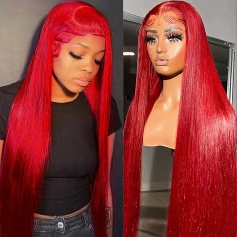 13x6 Red Synthetic Lace Front Wigs Long Straight Hair Red Color Wigs Pre Plucked Wig Natural Hairline Glueless Lace Wigs Heat Resistant Fiber Hair Synthetic Lace Front Wigs for Women Daily Use