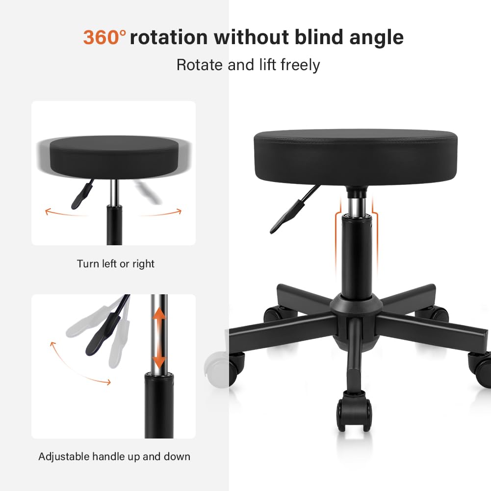 KKTONER Round Stool Rolling Stools PU Leather Height Adjustable Stool with Wheels Swivel Spa Drafting Work Chair Small (Black)