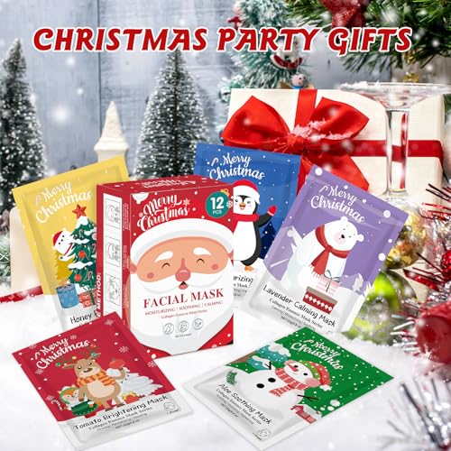 12 Pack Christmas Stocking Stuffers Facial Masks, Sheet Face Masks Skincare, Hydrating Facial Masks Set for Women Skin Care, Bulk Christmas Gifts for Women