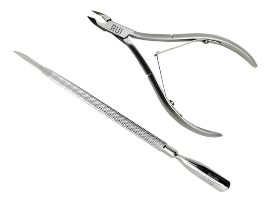Rui Smiths Professional Cuticle Nippers | Precision Surgical-Grade Stainless Steel Cuticle Trimmer, Double Spring, 4mm Jaw (Quarter Jaw) and Stainless Steel Metal Pusher Style 106