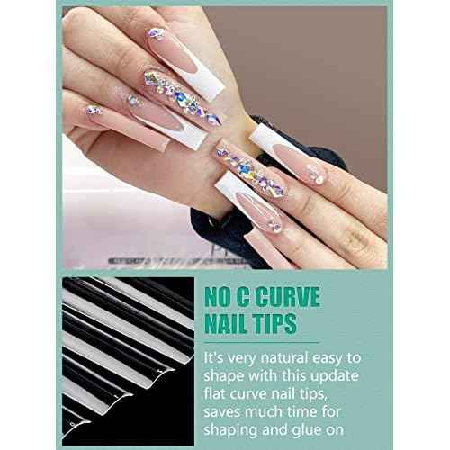 504 PCS No C Curve Clear Nail Tips for Acrylic Nails Professional, 3XL Extra Long, 12 Sizes Half Cover Straight Tapered Square French Fake Nail Tips for Nail Salons Home DIY