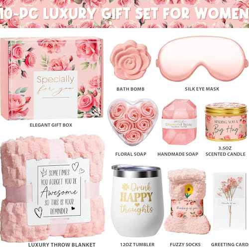 Birthday Gifts for Women Self Care Gift, Rose Spa Gift Baskets Bath Set Get Well Soon Care Package Christmas Mom Gifts for Women Sister Friend Wife Grandma Teacher Nurse w/ Blanket