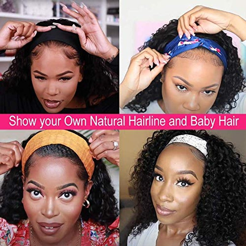 14 Inch Glueless Headband Wig Human Hair150% Curly Headband Wig Human Hair Natural Color Machine Made Curly Headband Wig Human Hair Kinky Curly None Lace Front Wigs Human Hair 100% Human Hair Wigs