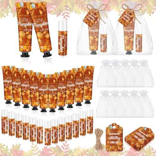 24 Sets Little Pumpkin Baby Shower Hand Cream and Lip Balm Gift a Little Pumpkin Is on the Way Baby Shower Party Favor Travel Size Hand Lotion and Lip Balm Bulk with Organza Bag and Tag for Guests