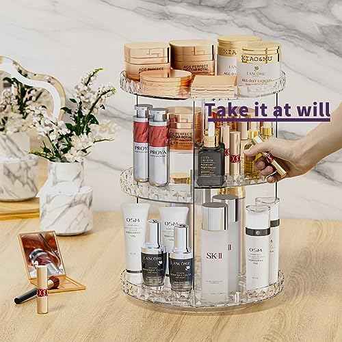 ZHIAI 360 Rotating Makeup Organizer, Large Capacity Cosmetics Organizer for Perfume Holder Organizer Countertop, DIY Adjustable Bathroom Makeup Carousel Holder Rack, Clear Diamond