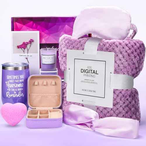 Birthday Gifts for Women Gifts Basket, Self Care Gifts ,Romantic Spa Gifts Care Package with Purple Flannel Blanket,Unique Xmas /Birthday Gifts for Mom, Sister, Wife, Girlfriend, Friends