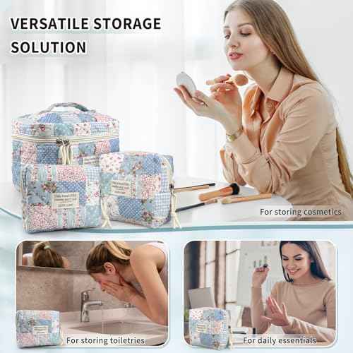 Cute Quilted Floral Makeup Bag(3Pcs)£¬Coquette Aesthetic Cosmetic Bag£¬Travel Toiletry Bags£¬ Kawaii Aesthetic pouch for Women (64-GridRose)