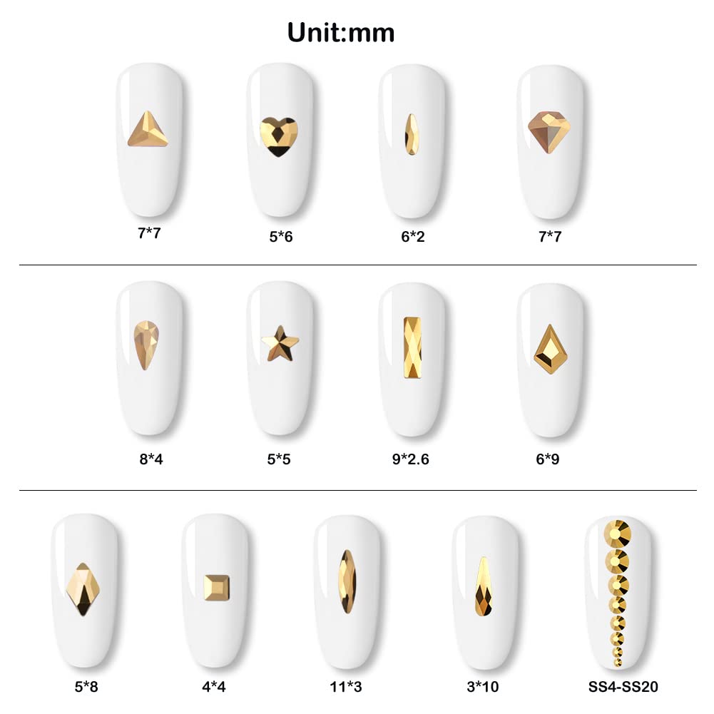 7800Pcs Glass Crystals Rhinestone for Nail Art Crafts,Multi Shapes Nail Gems Flatback Rhinestone,Jewels Diamonds Stone Kit with Picking Pen,1 Tweezers,1 Cleaning Cloth,1 Pair Gloves(Gold)