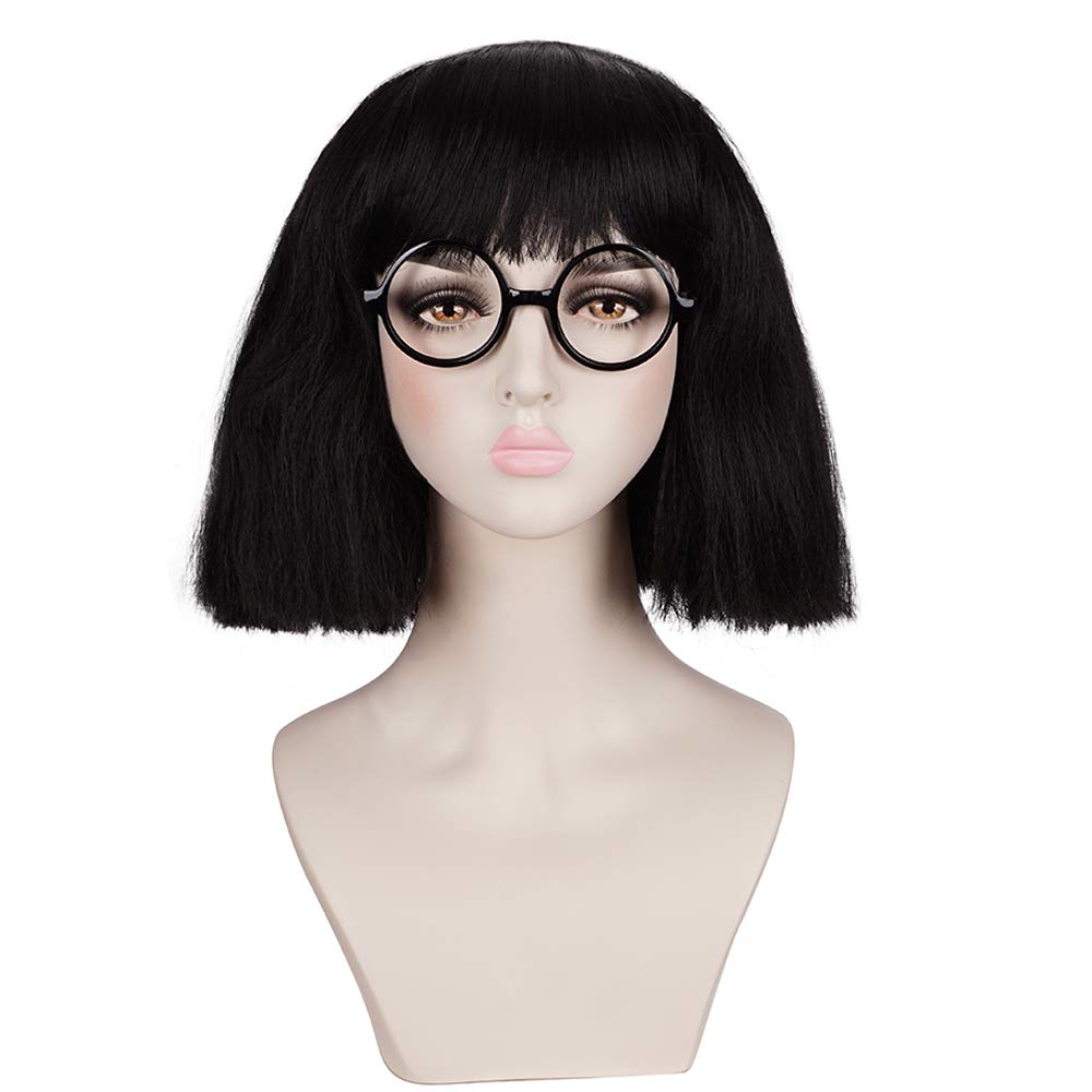 Black Medium Cosplay Wig with Cut Bangs for Women - Includes Glasses Frame