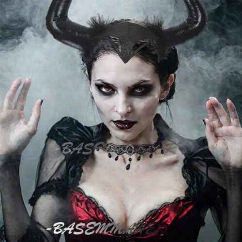 Devil Horns Headband with Lace Choker Gothic Necklace for Women Halloween Black Cosplay Horn Hair Hoop Dress Up Hair Accessories for Carnival Party Medieval Costume Headpieces