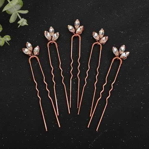 Teyglen 5pcs Crystal Bride Wedding Hair Pins for Bride Sparkly Blue Red Green Crystal Hair Clips Pins for Women Girls Party Prom (Rose Gold)