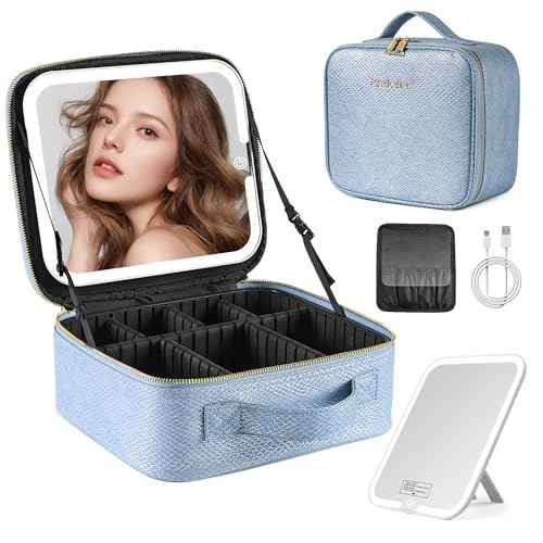 Portable Travel Makeup Bag with Mirror and Light - 3 Colors,Adjustable Brightness Spacious Cosmetic Organizer,Mermaid Shine Blue