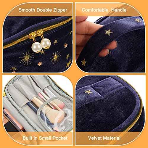 Patelai 2 Pcs Velvet Stars Makeup Bag Cosmetic Bag Handy Travel Starry Makeup Pouch Portable Embroidered Pouch Toiletry Wash Bag Cute Storage Bag Clutch Handbags(Navy,Sun Moon)