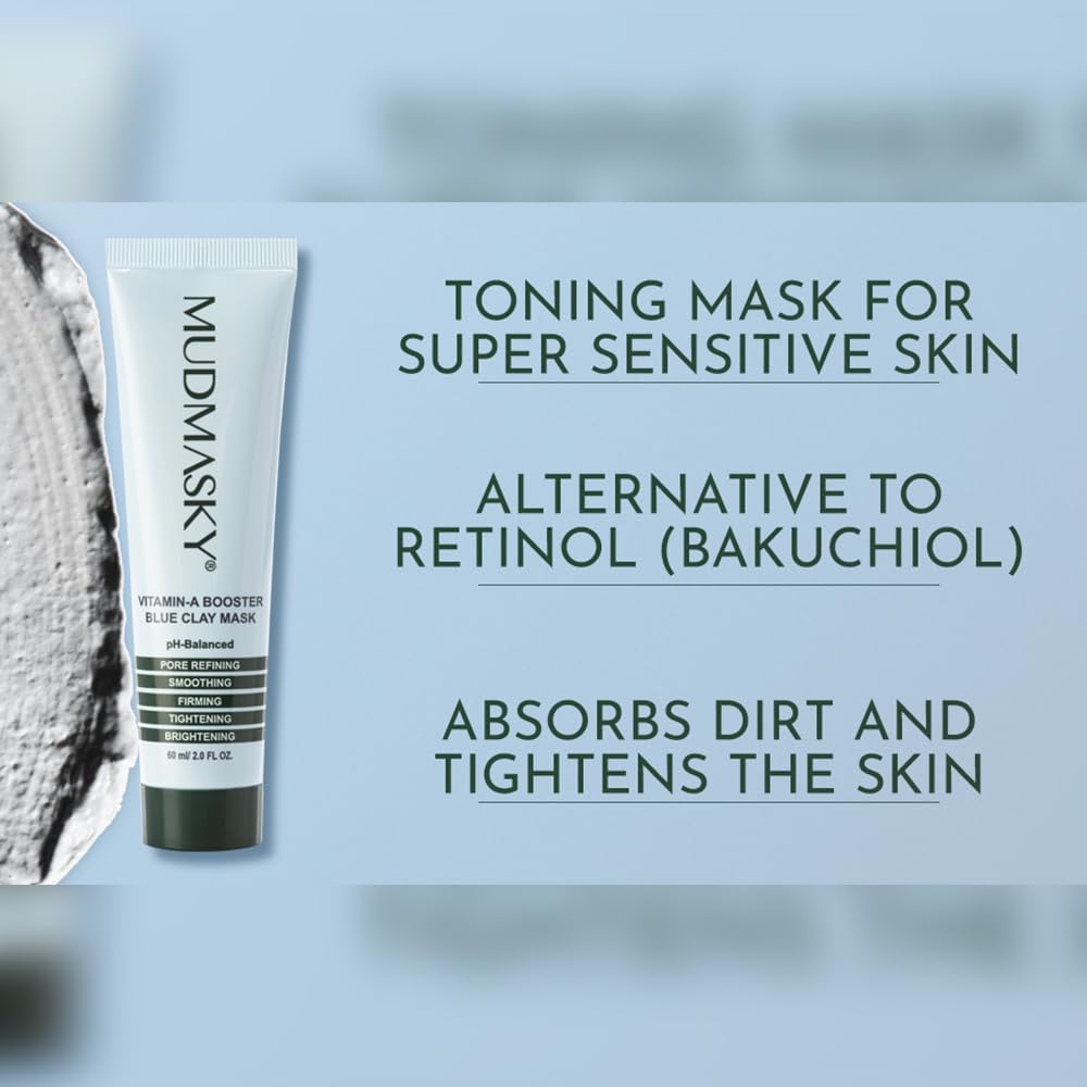 MUDMASKY Vitamin-A Booster Blue Clay Mask 60ml / 2.0FL - Natural Retinol Alternative with Bakuchiol, Skin Care for Pore Refinement, Tightening & Brightening - Fragrance-Free Beauty Face Mask