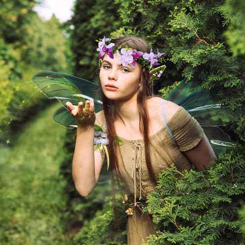 Renaissance Mushroom Elf Ears with Crown - Flower Butterfly Headpiece Soft Elven Fairy Ears and Woodland Floral Headpiece for Women Christmas Renfaire Halloween Cosplay Bridal Party Photo Shoot Props