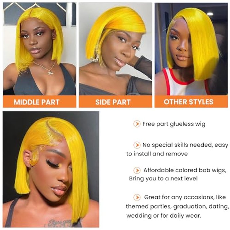 Yellow Bob Wigs Human Hair Straight 13x4 HD Transparent Lace Front Wigs Human Hair Colored Glueless Wig Pre Plucked 180% Density 8 Inch Short Yellow Bob Lace Wig Free Part
