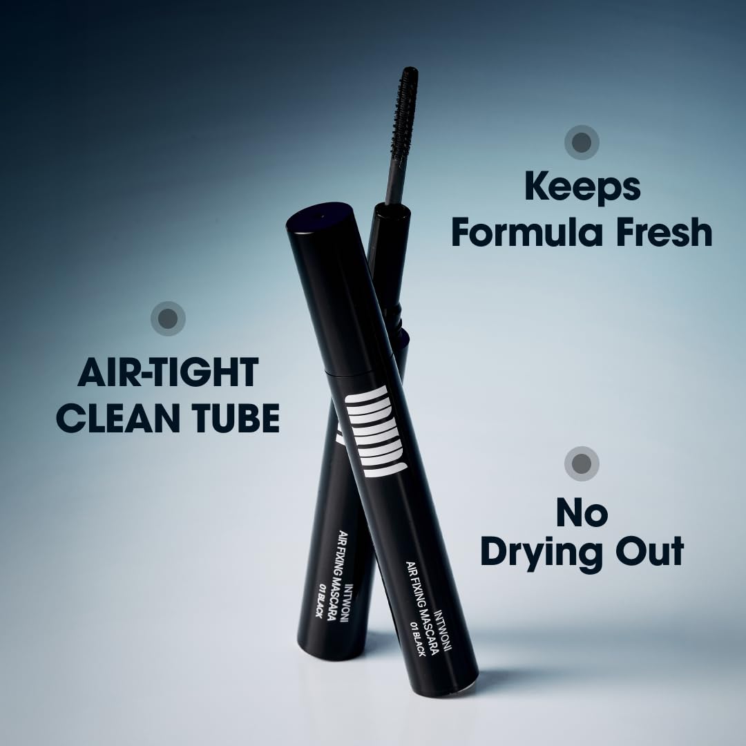 INTWONI AirFixing Mascara – Smudge-Resistant Tubing Formula | 0.5mm Precision Brush | Patented Air-Sealed Container to Reduce Drying | Easy Warm-Water Removal | 8.5g | Made in Korea (Black) (Black)