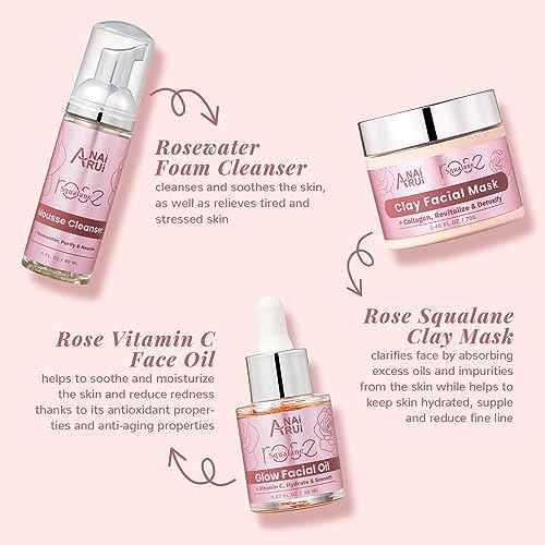 ANAiRUi Rose Skincare Gift Set, Christmas Gift for Women, Facial Skincare Kit for Women, Rose & Squalane Face wash and Moisturizer Set with Clay Mask, Face Cleanser and Facial Oil, Purify, Hydrate