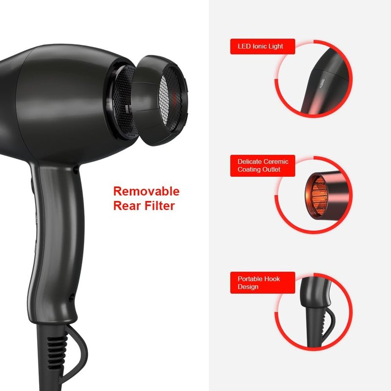 Professional 1875W Hair Dryer - Lightweight Ionic Blow Dryer with 2 Speed & 3 Heat Settings | Includes Diffuser, Concentrator & Comb (Black)