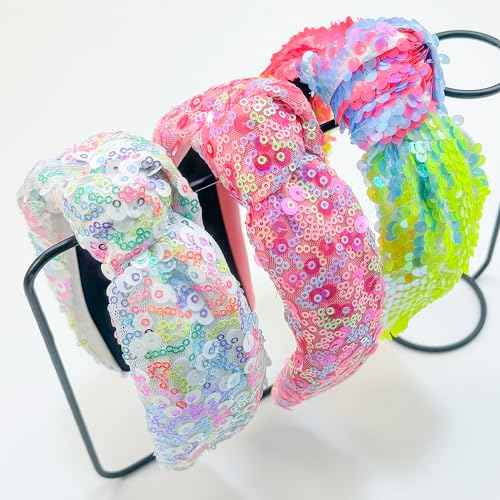 XIMA 3 PCS Sequin Headbands for Women and Girls Neon Rainbow Sparkle Statement Top Knot Holiday Hairbands Hair Accessories for Kids Girls Women