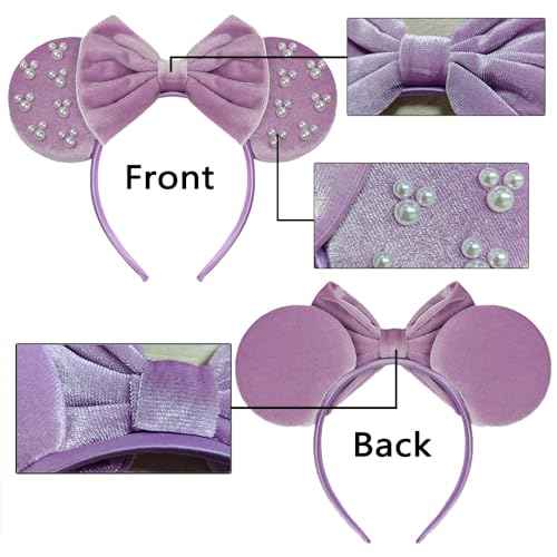JIAHANG Velvet Mouse Ears Hair Bow Headband with Pearls, Party Decoration Fashion Hair Band Hair Accessories for Women Girls (velvet purple 05)