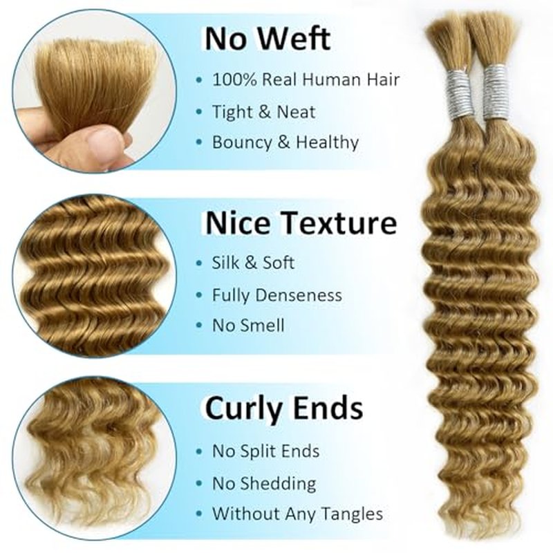 27 Human Braiding Hair 24 Inch Honey Blonde Deep Wave Bulk Human Hair For Braiding Boho Braids 100g Human Braiding Hair Water Wave Blonde Human Hair