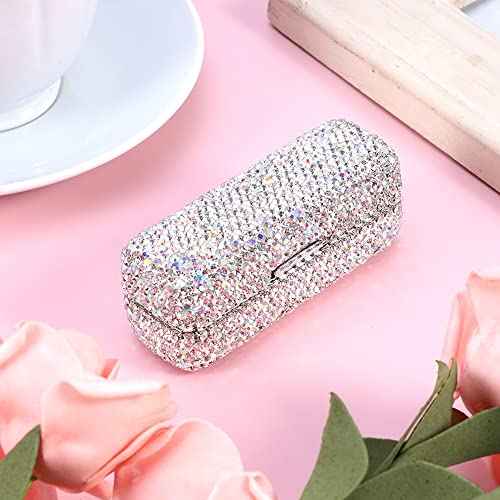 CALIDAKA Crystal Lipstick Case Holder Shiny Rhinestone Lipstick Organizer with Mirror Portable Bling Diamonds Lipstick Storage Holder Lip Gloss Makeup Storage Bag