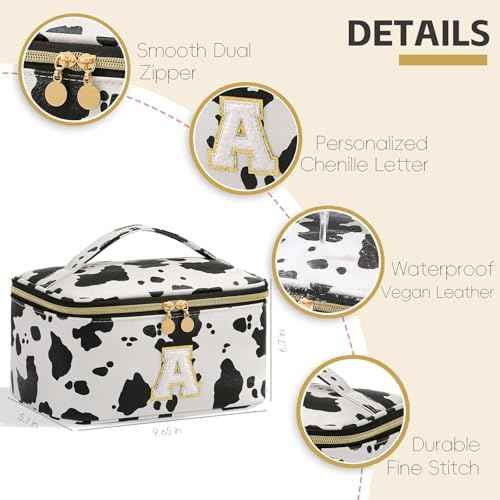 Personalized Monogram Makeup Bag with Dividers - Cow Print Travel Toiletry Organizer for Women | Waterproof Cosmetic Pouch with Brush Holder & Handle (9.8x6.7x5.1in)