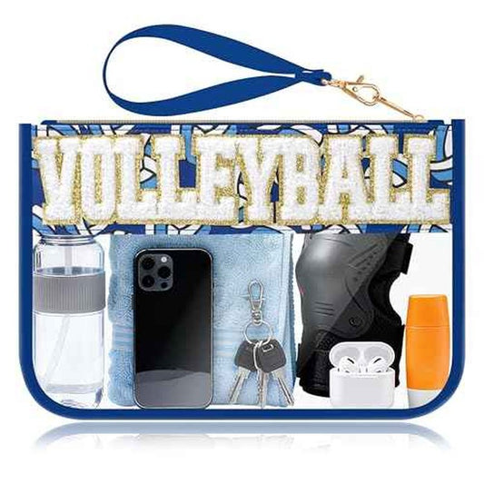 Volleyball Gifts Makeup Bag with Chenille Letter Patch, Clear Cosmetic Pouch PVC Organizer Purse, Waterproof Travel Bag, Portable Toiletry Storage Bag for Her Friends