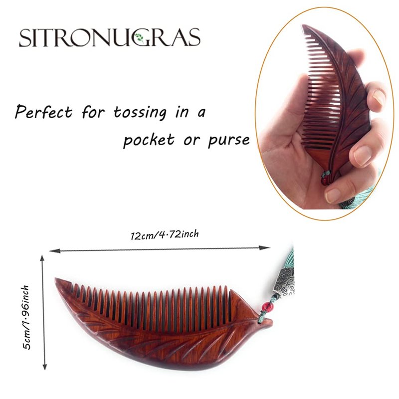 Sitronugras Wooden Comb For Women - Carved Craft Natural Boxwood Hair Comb - No Static Fine Tooth Wood Comb with gift box (leaf)